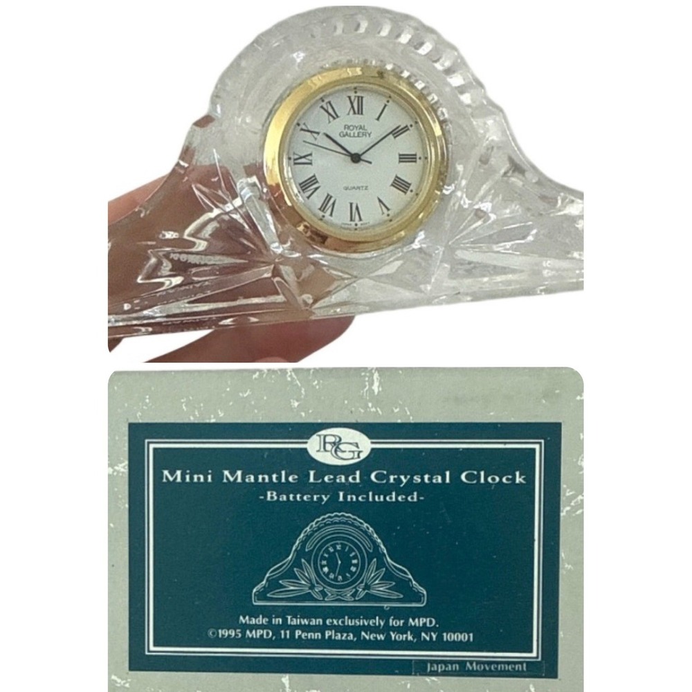 Royal Gallery Mini Mantle Clock Clear Lead Crystal Gold Tone Chic New in Box